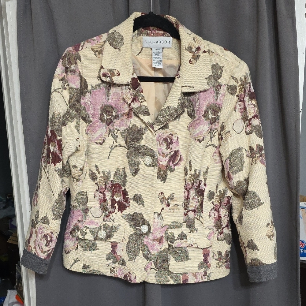 Sag Harbor Women's Blazer Jacket Cream Floral Buttons Pickets Lined Size 12 EUC